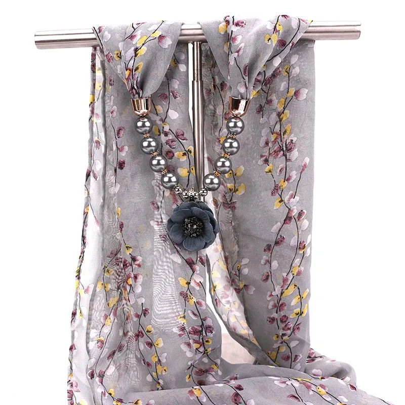 Декоративный шарф RUNMEIFA шифоновое ожерелье с принтом подвеской нитка из жемчуга - Фото №1