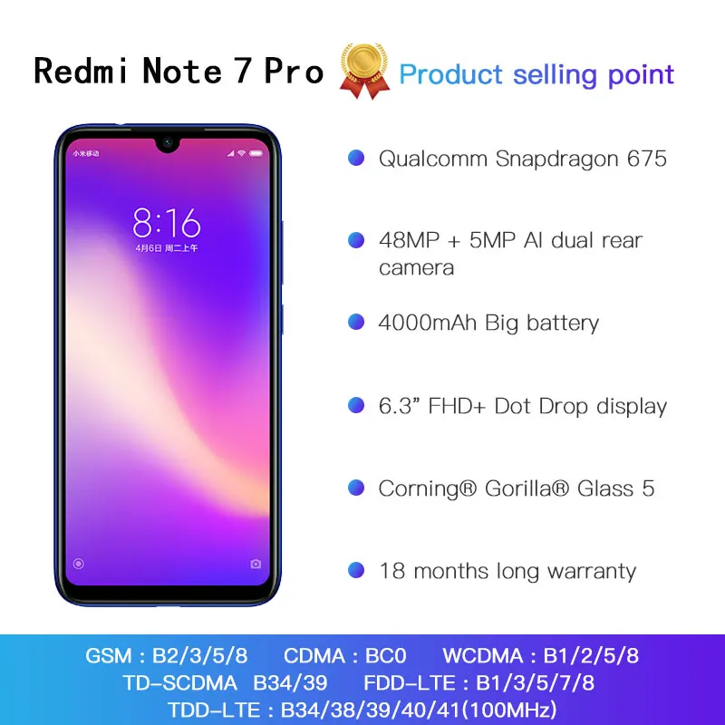 Новый Xiaomi Redmi Note 7 Pro 6 ГБ Оперативная память 128 Гб Встроенная Мобильный телефон