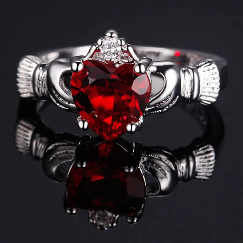 Ranzwal 925 пробы серебро для женщин ирландский Claddagh дружба и любовь кольцо с сердцем кубический цирконий Размер США 6~ 9 - Цвет основного камня: Красный