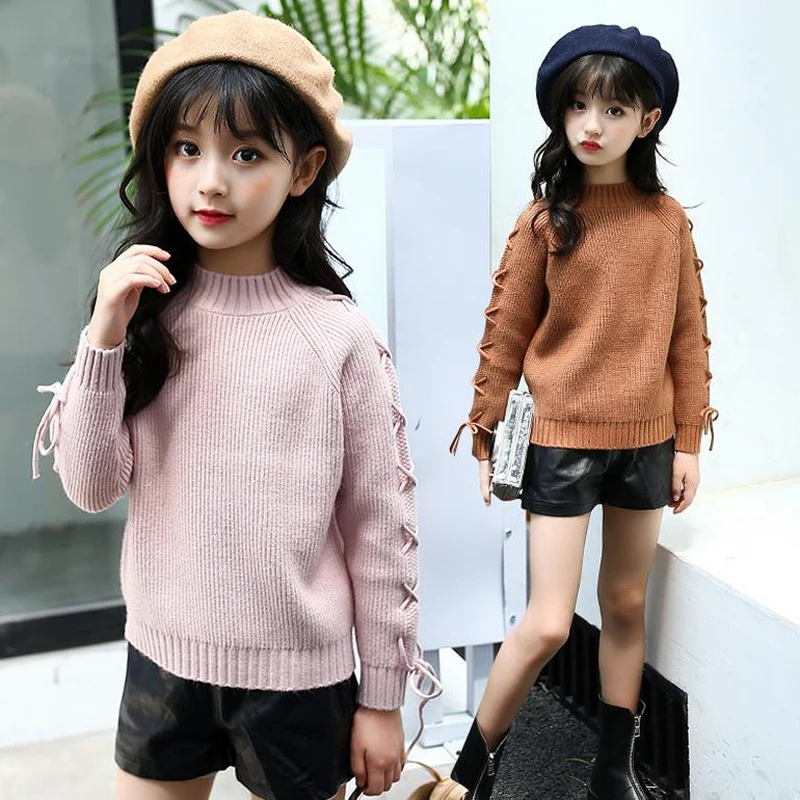 

New Winter Autumn Thicken Fleece Girls Sweaters O-Neck Fashion Lacing Lolita Style Girls Clothing Children Knitted Sweater XL243