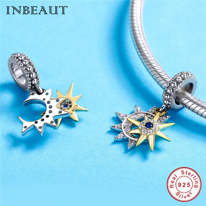 INBEAUT 100% 925 пробы серебряный романтичный со звездой Синий Циркон бусины золотой