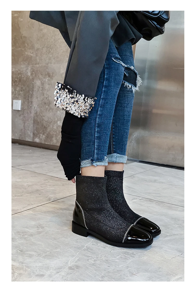 women Ankle boots Genuine Leather 22-25 cm feet length ankle boots for women cow patent leather+ Lycra fabric shoes woman