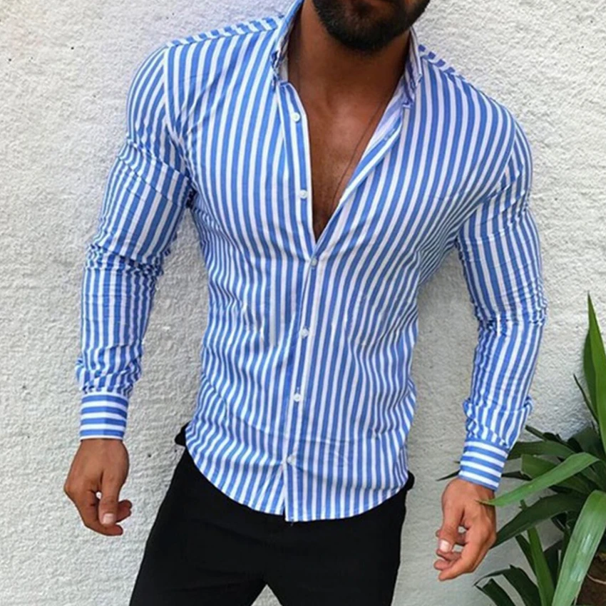 Мужские рубашки с длинным рукавом модные принтом в полоску для отдыха мужские