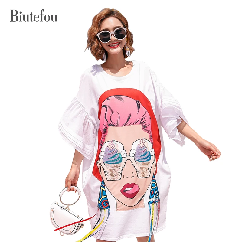 Женские свободные платья с блестками и мультяшным принтом весна лето 2021|loose