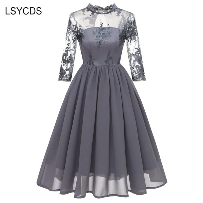 LSYCDS, Осеннее женское платье, шифоновое, 3/4 рукав, сетка, сексуальное, открытое, платье, большие качели, Ретро стиль, повседневные, вечерние, 50s 60 s, винтажное платье
