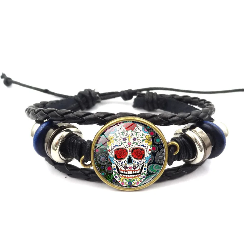 Punk Style Jewelry with Skull Pattern Glass Cabochon Multilayer Charm Leather Bracelet Bangle for Women Men Party Gift | Украшения и