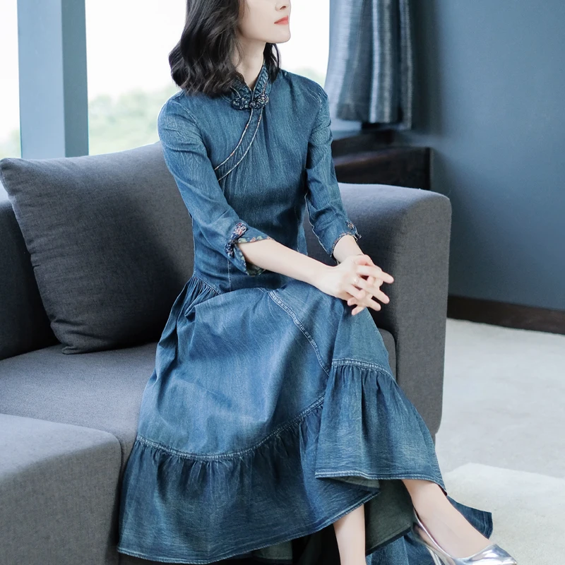 Большой размер 3XL! Женское винтажное джинсовое платье-Ципао длинное Хлопковое