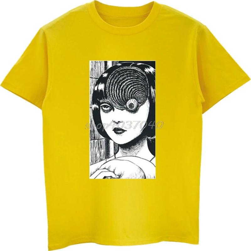 Летние модные мужские повседневные футболки Uzumaki рубашка Junji Ito Ужасы Футболки с героями манга Мужская забавная хлопковая Футболка Harajuku уличная одежда - Цвет: yellow