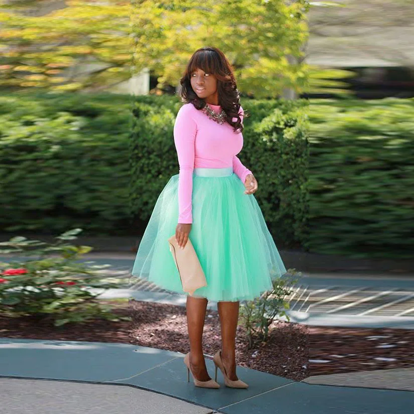 

New Green Knee Length Tutu Skirt Satin Zipper Waist A Line Skirts Women Fashion Summer Tulle Adults Skirts