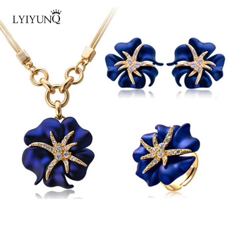 LYIYUNQ, этнические Винтажные серьги в виде розы, ожерелье, кольцо, ювелирный набор, классический золотой цвет, морская звезда, ювелирные наборы для женщин - Окраска металла: TR105 Blue