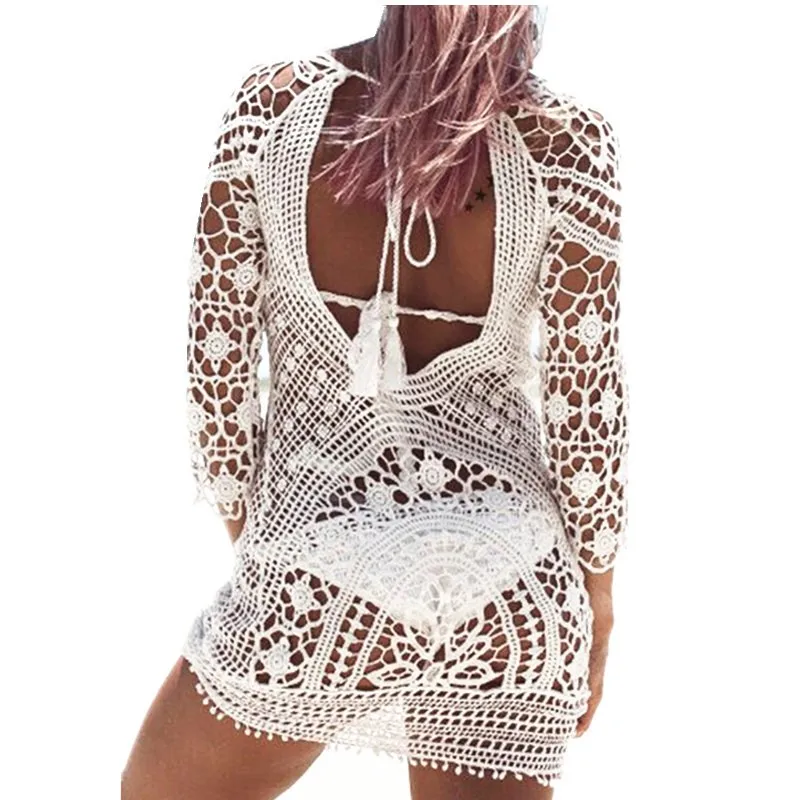 Сексуальный женский кружевной полый вязаный купальник бикини с цветочным