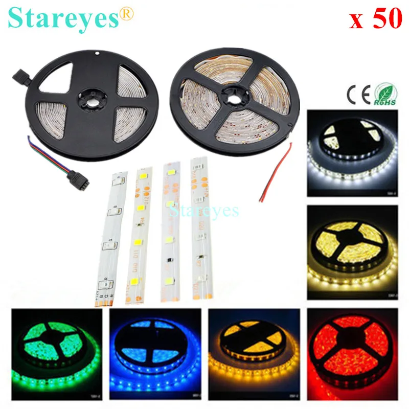 50 шт. SMD 3528 2835 60 светодиодный/м RGB светодиодный светильник 5 м 300 DC12V IP65