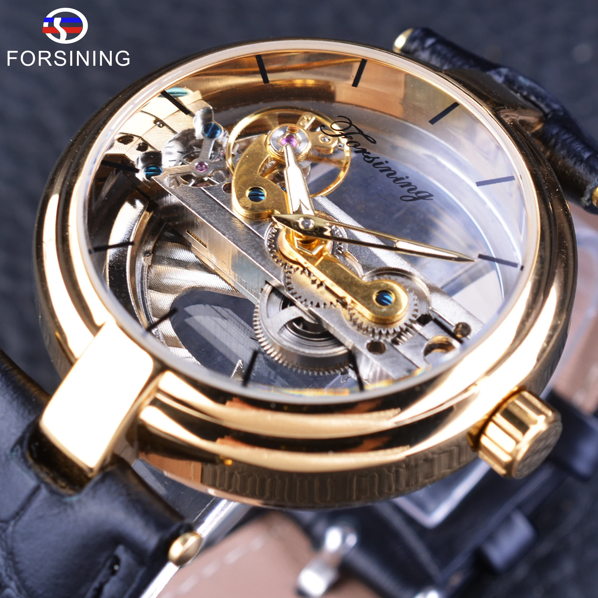 Forsining 2017 New Golden Skeleton Watch Genuine Leather Belt Men's Automatic Watches Top Brand Luxury Water Resistant