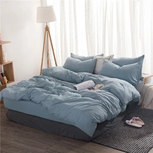 sky blue Стираный хлопковый комплект постельного белья, однотонный пододеяльник, мягкое серое постельное белье, японский стиль, домашняя кровать, супер размер, постельное белье, Комплект постельного белья - Цвет: sky blue