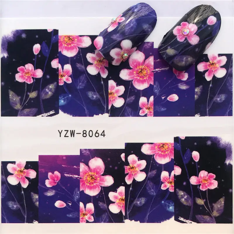 YZW-8064 FWC 1 Sheet Purple Flower/Stars / Flowers / Grass Styels Nail Decals Art Colorful Full Wraps for Nail Sticker Water Tips - Цвет: YZW-8064