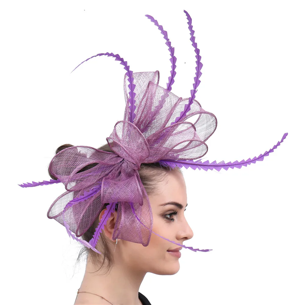 

Lavender navy bowknot hairbands sinamay fascinators hats feather hair accessories lavender wedding headwear Free shipping SYF618