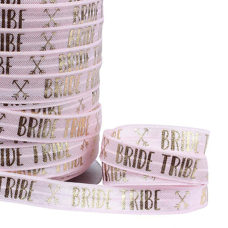 

(50 yards/lot) New arrival bride tribe gold foil foe fold over elastic, high quality elastic ribbon with letters bride tribe