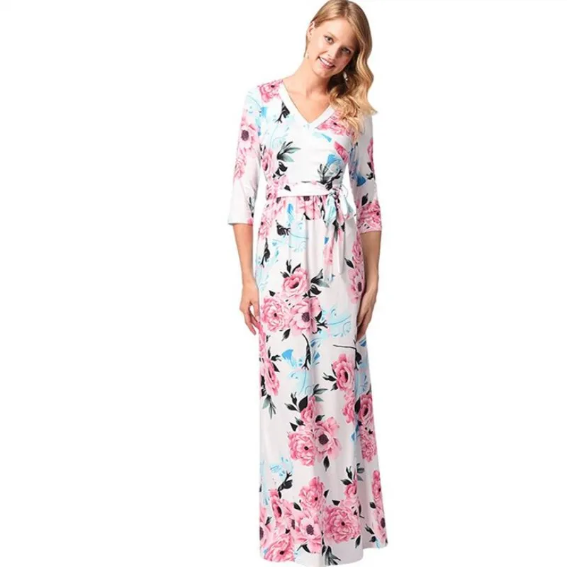 2018 Лето Осень длинное платье с цветочным принтом бохо туника Макси женское