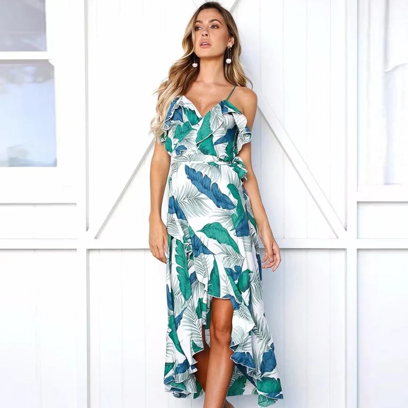 Оборками ремень платье богемный Цветочный принт высоких и низких Волан на