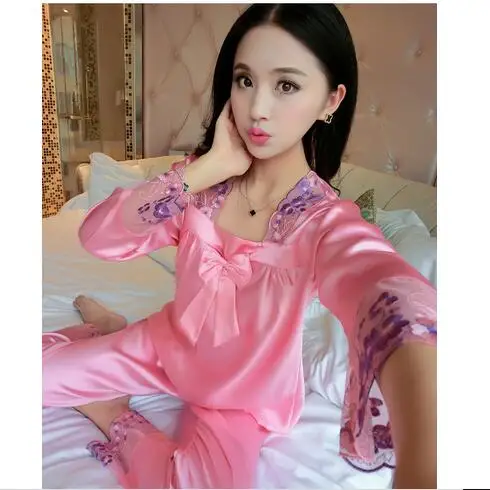 Женская шелковая пижама Сезон весна лето Женские атласные пижамы с кружевной