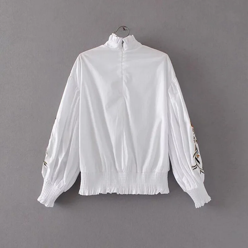 Lerfey Для женщин Цветочный Вышивка блузка рубашка Фонари рукавом Стенд воротник