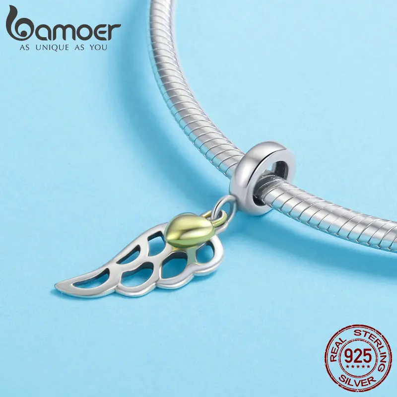 BAMOER, 925 пробы, серебряный, модный, перья, крылья, подвеска, золотой цвет, сердце, шарм, подходит для браслета и ожерелья, ювелирные изделия SCC838