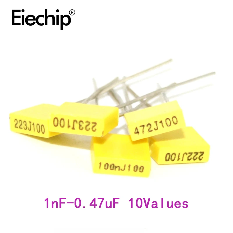 

50pcs/lot Polypropylene Safety Plastic Film Correction Capacitor kit 1nF-0.47uF Component set Yellow Block Capacitor Package