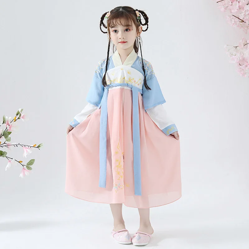 Blue Старинный китайский костюм Hanfu и традиционная одежда для девочек детское летнее платье в китайском стиле народный танцевальный костюм DQL902 - Цвет: Blue