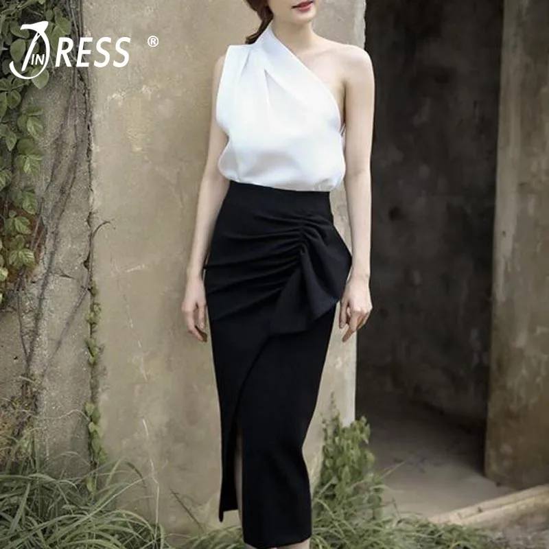 INDRESSME 2019 Новый женский белый черный комплект из двух предметов однотонная