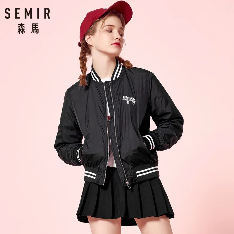 SEMIR Женская вышитая бейсбольная куртка на молнии с драпированными рукавами Спортивная куртка с карманом с контрастной отделкой ребристые манжеты и подол