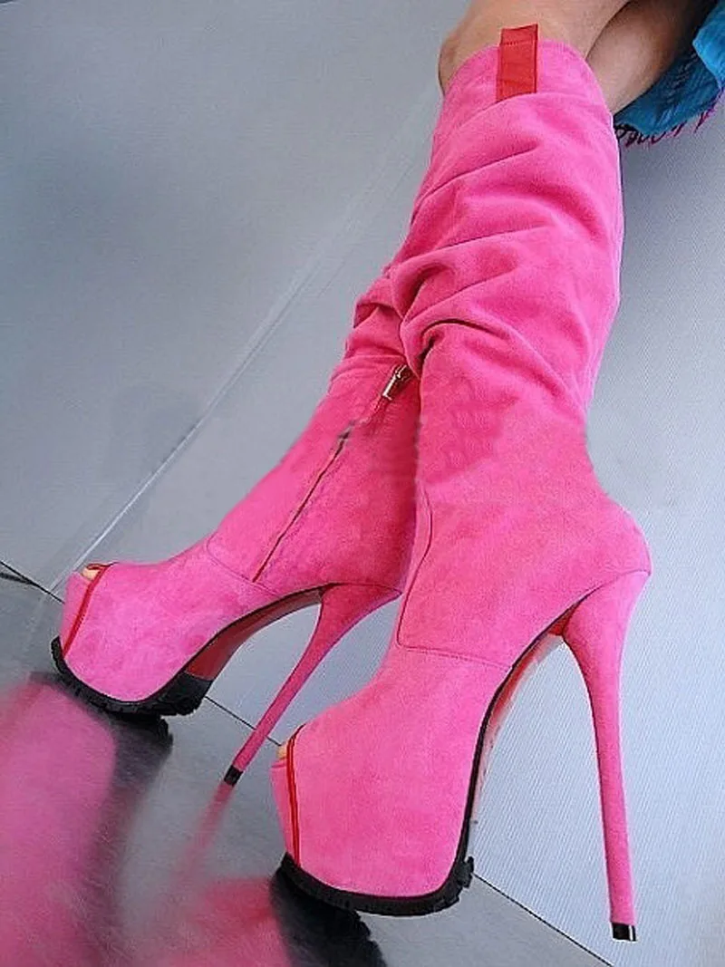 

Женские замшевые сапоги до колена на высокой платформе розового и синего цвета, привлекательные сапоги с открытым носком на очень высоком каблуке и боковой молнией