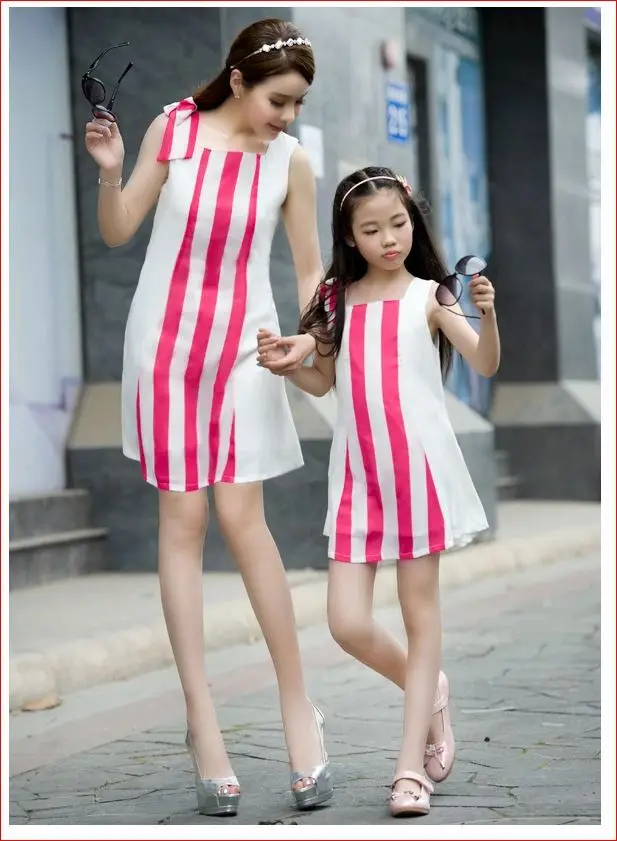 2016 hot summer style family fashion mother and daughter clothing casual bow stripe girls dresses clothes matching outfit | Мать и