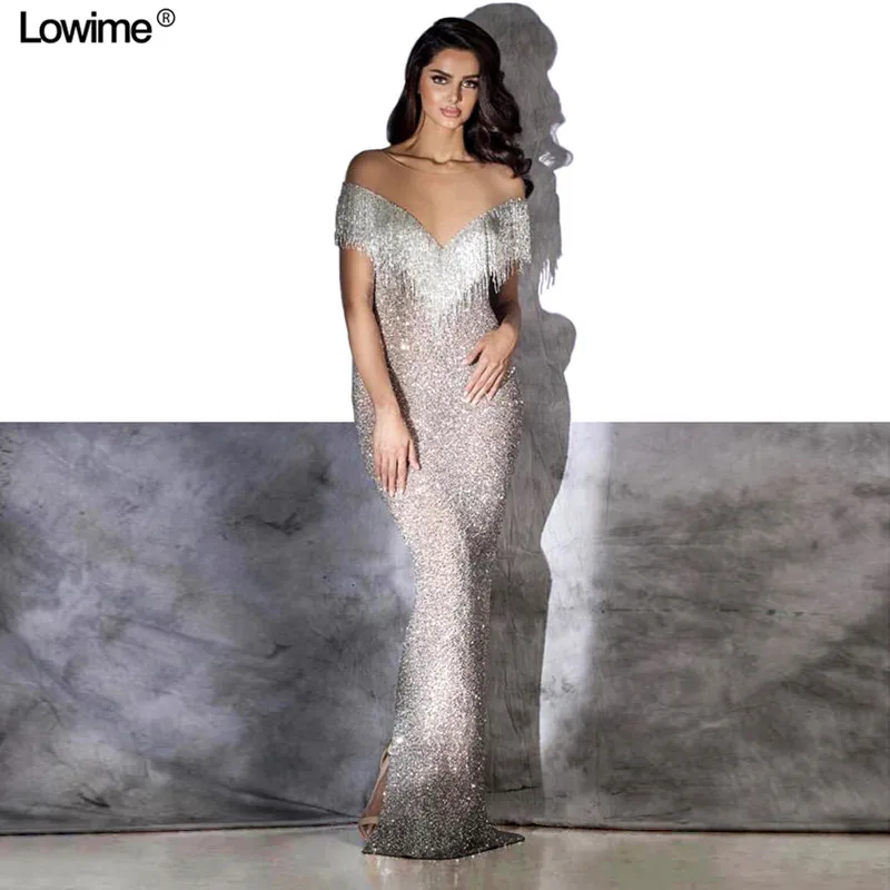 

Off The Shoulder African Scoop Mermaid Evening Dresses Tassel Floor Length Prom Dresses Long vestido de festa 2019