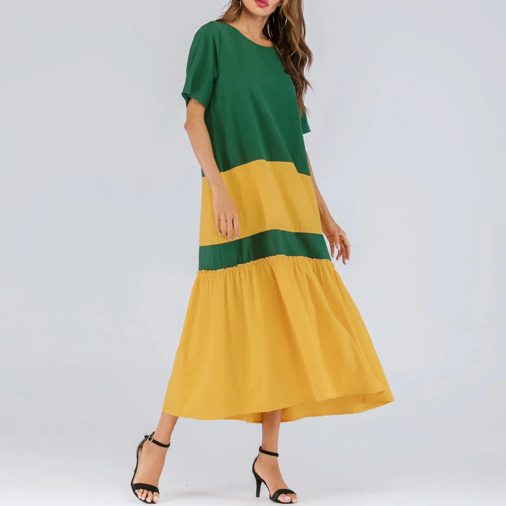 Женское летнее платье Свободное длинное с коротким рукавом и круглым вырезом