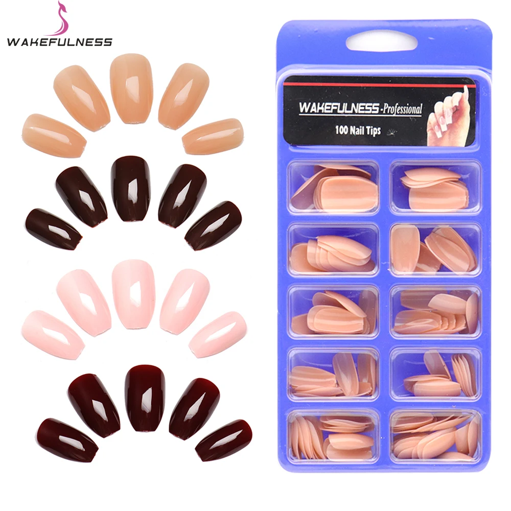 

100pc/box Burgundy Coffin False Nail Tips Brown Purple Pink Artificial Nails Full Cover Ballerina Faux Ongles Fake Nail Tips