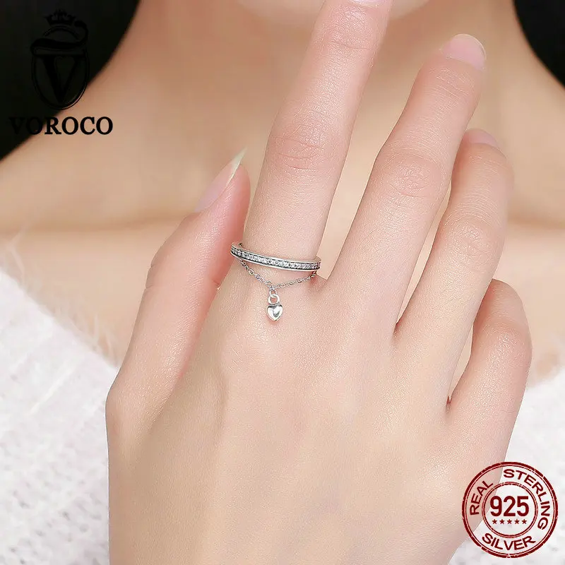 VOROCO 100% 925 пробы серебро Роскошные CZ кольца специальные любимое сердце болтаются