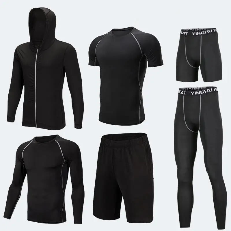 6pcs JY black set Мужская спортивная одежда, Компрессионные спортивные костюмы, одежда для тренировок, Гимнастические Колготки, набор для бега, Быстросохнущий Спортивный костюм размера плюс - Цвет: 6pcs JY black set