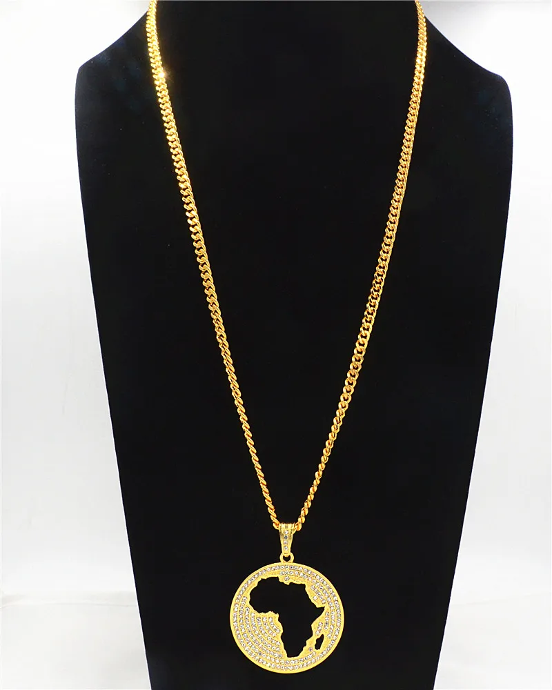 

Uodesign Round Africa Map Necklace Rhinestone Crystal Gold Color Pendant & Chain For Men/Women Gift African Jewelry