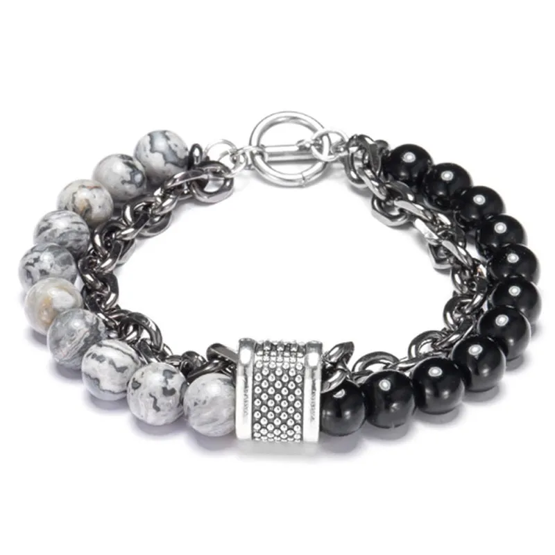 Gray bright Панк натуральный камень тигровый глаз мужской браслет из бисера нержавеющая сталь звено цепи Пара Браслеты femme мужские ювелирные изделия Прямая поставка - Окраска металла: Gray bright
