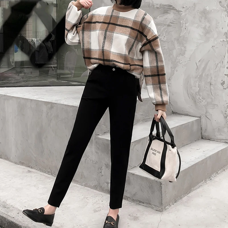

Pants Women Solid Simple Elegant Retro Pockets High Waist Loose Ladies All-match Ankle-length Pant Korean Style Leisure Trendy