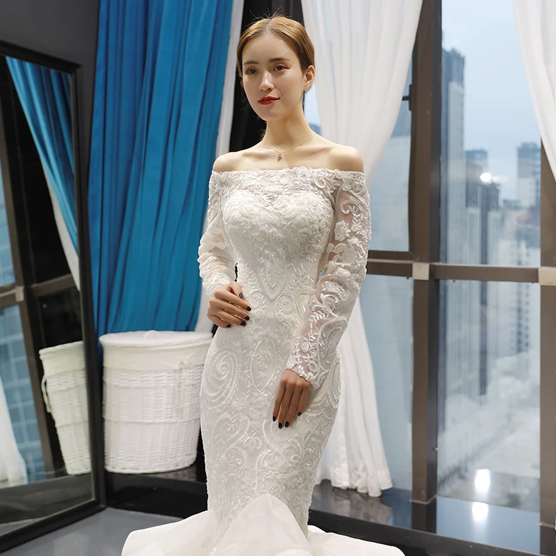 J66734 jancember mermaid wedding dress ruffle style off shoulder long sleeves trumpet bridal 2019 vestido de novia sirena | Свадьбы и