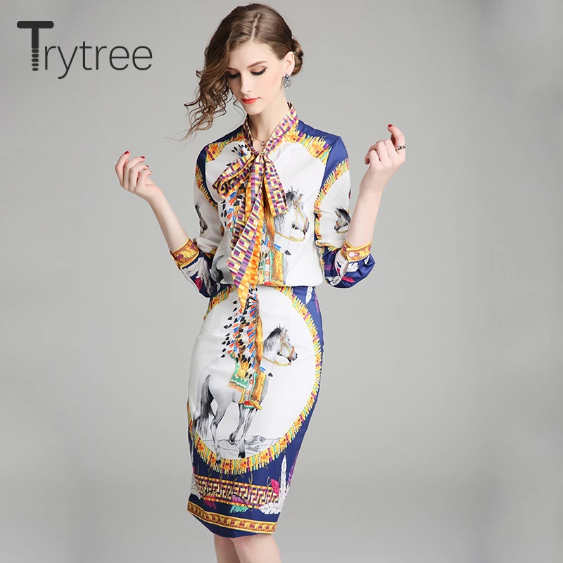 Trytree лето осень шелковистый принт женский костюм из двух предметов галстук