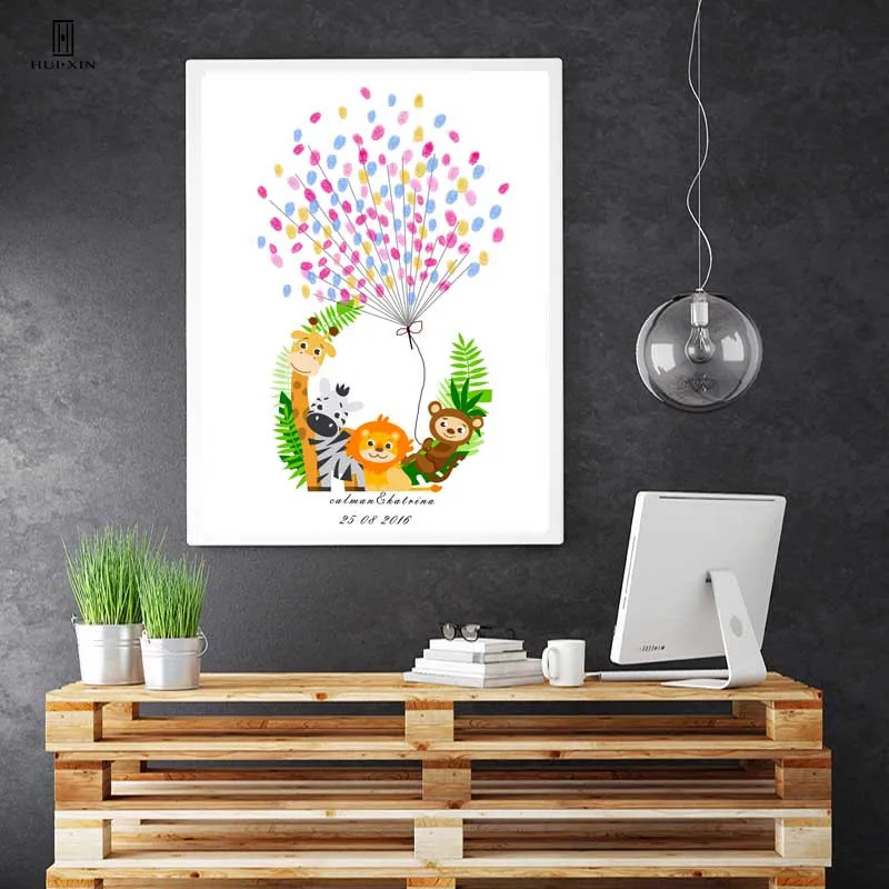 

Best Wishes Birthday Souvenir Gifts Cute Animals Giraffe Lion Monkey Guestbook Fingerprint DIY for Kids Signature Party Decor