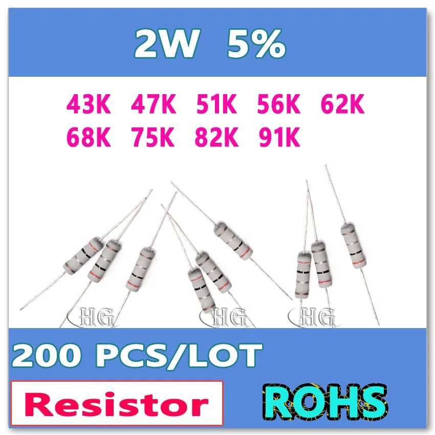 JASNPROSMA 200 шт./лот 5% 2W 43K 47K 51K 56K 62K 68K 75K 82K 91K карбоновая пленка DIP OHM Резистор|ohm| |