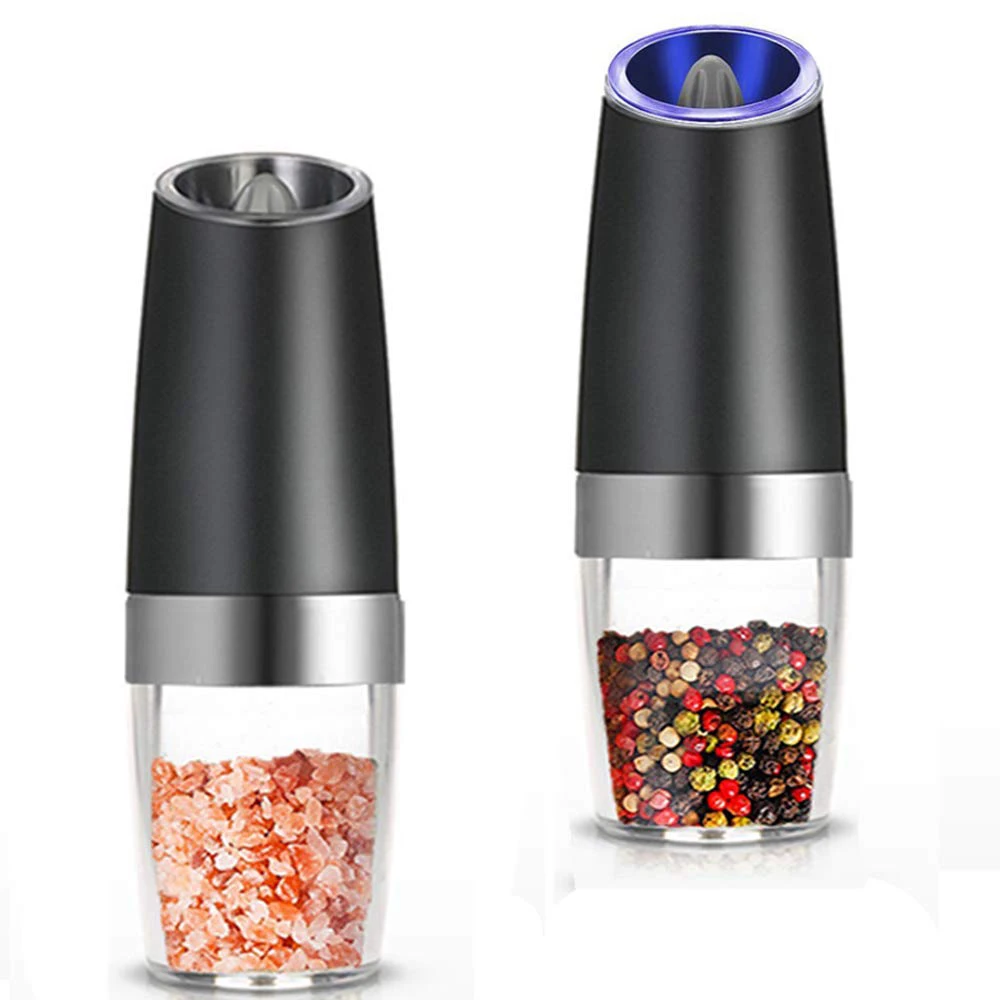 Premium Gravity Electric Salt and Pepper Grinder Set of 2 Battery Powered Shakers Automatic One Hand Mills with L