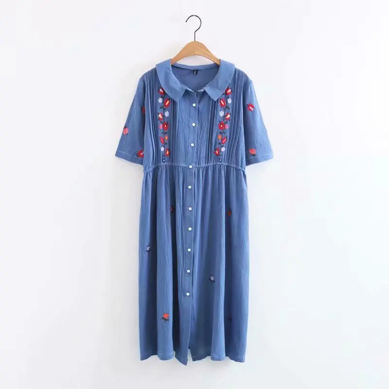 2019 летнее свободное платье трапециевидной формы с короткими рукавами и вышивкой