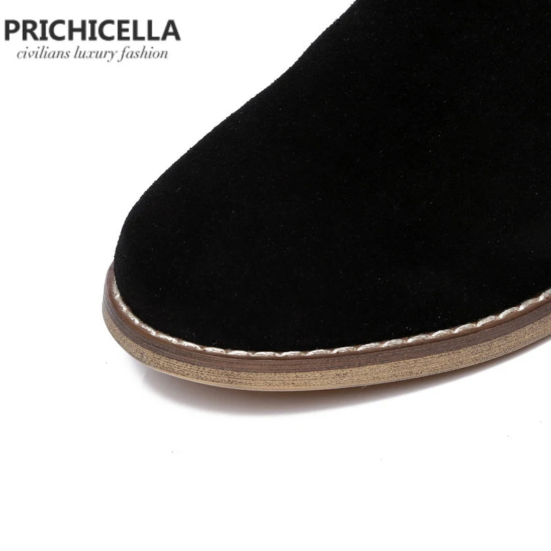 PRICHICELLA/Лидер продаж года; черные замшевые сапоги до середины икры на плоской подошве для девочек; женские зимние ботинки из натуральной кожи