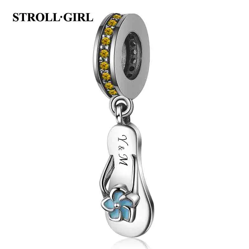 Браслет Strollgirl Fit Pandora, Стерлинговое Серебро 925 пробы, голубые эмалированные тапочки, очаровательные милые желтые фианиты, подвески, бусины для женщин, ювелирные изделия
