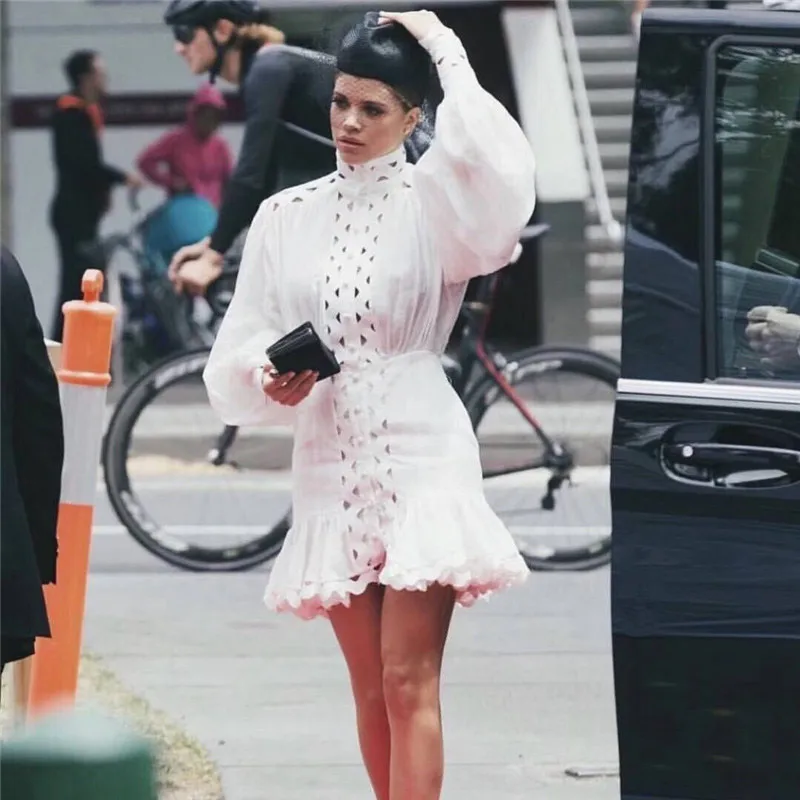 Женское облегающее платье рубашка с длинным рукавом фонариком ажурное высокой