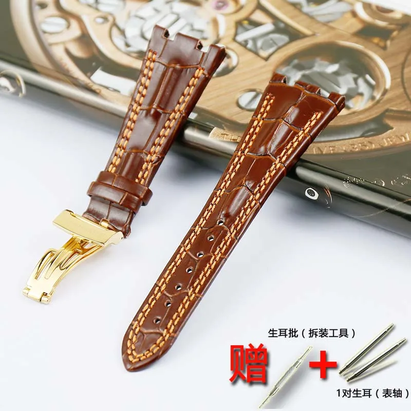 Gold buckle 28 мм мужской деловой высококачественный кожаный ремешок для AP Серии кожаный ремешок для женщин спортивный водостойкий ремешок бабочка пряжка аксессуары - Цвет ремешка: Gold buckle